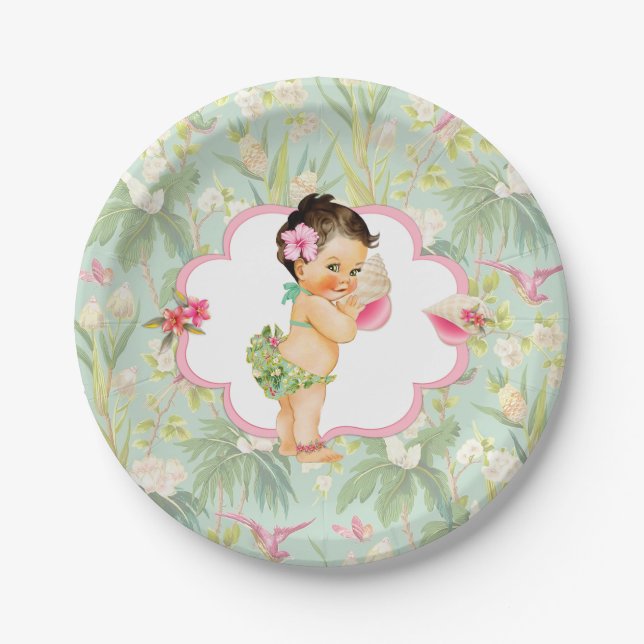 Baby Girl Tropical Hawaiian Luau Hibiskus Pappteller (Vorderseite)