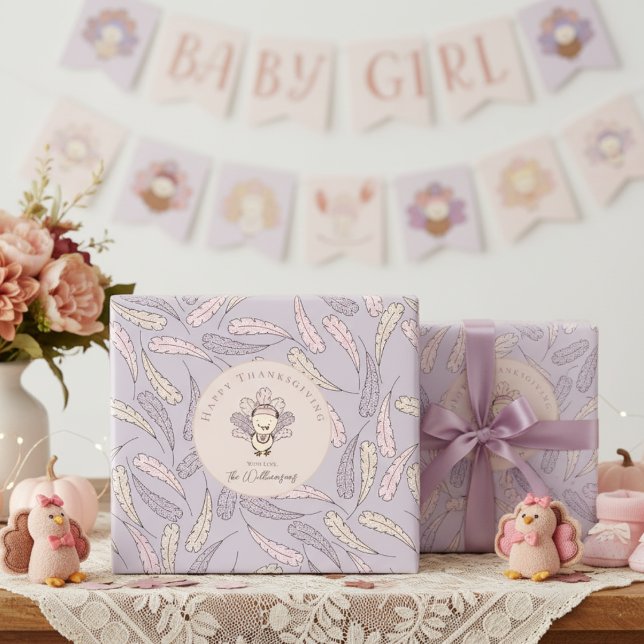 Baby Girl Turkey & Feathers Happy Thanksgiving Geschenkpapier (Cute Baby Girl Happy Thanksgiving Fall Wrapping Paper. Little Turkey, Pink & Purple Feather Pattern)