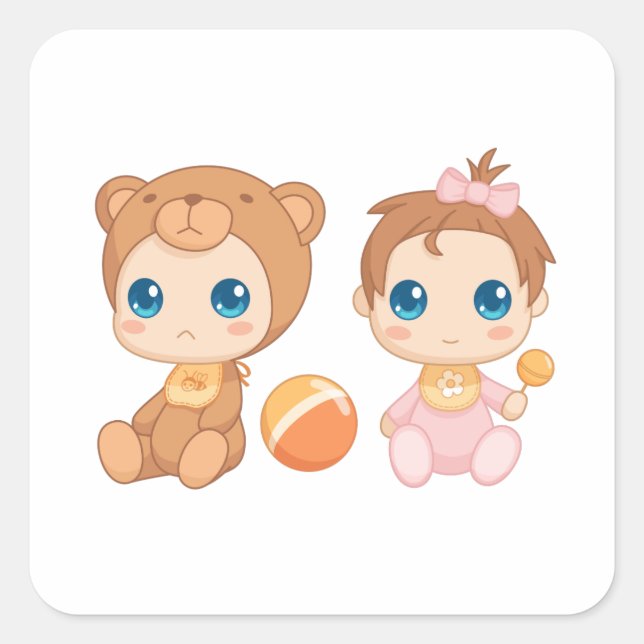 Baby Girl Twins Bear Jumpsuit 2 Quadratischer Aufkleber (Vorderseite)