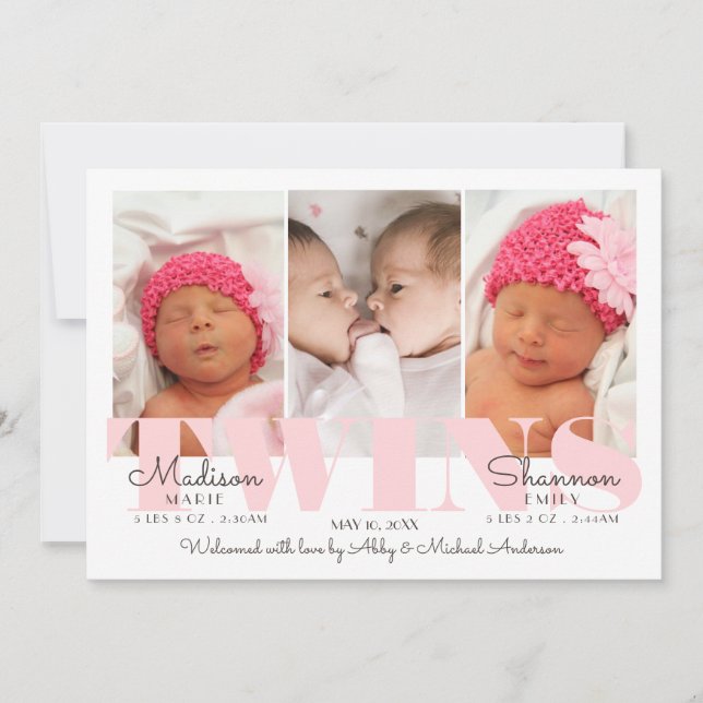 Baby Girl Twins Hübsch in Pink Birth Ankündigung (Vorderseite)