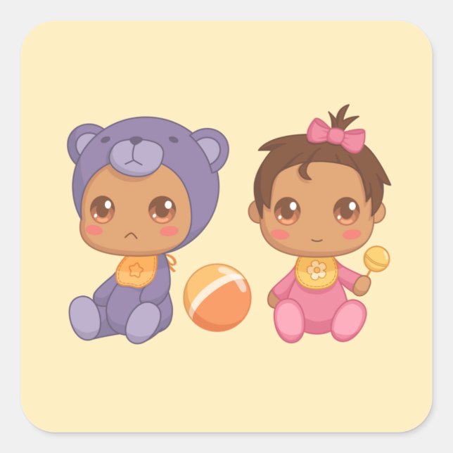 Baby Girl Twins Lila Bear Jumpsuit Quadratischer Aufkleber (Vorderseite)