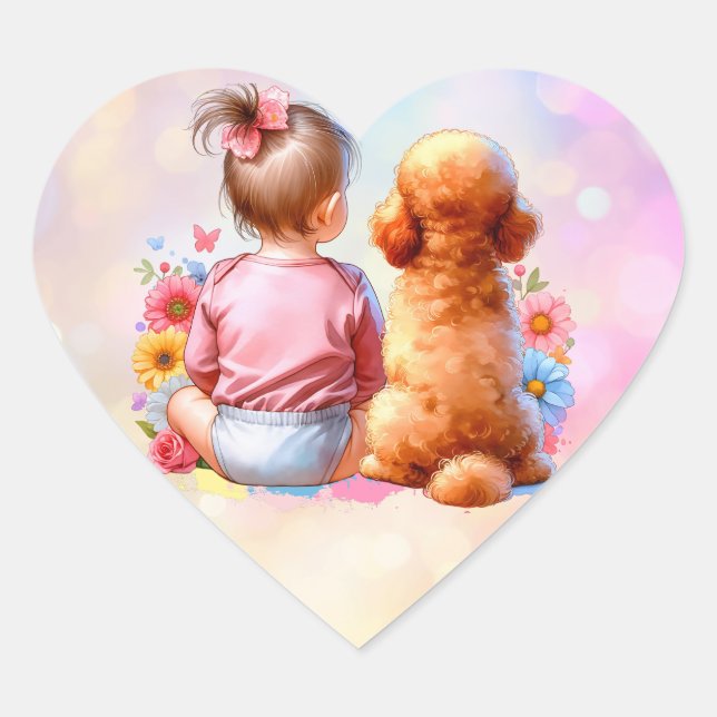 Baby Girl und Apricot Poodle Herz-Aufkleber (Vorderseite)