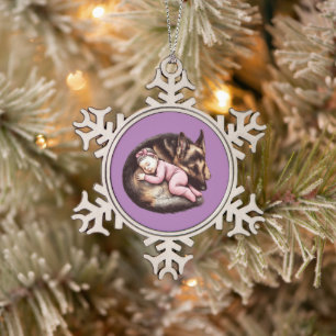 Baby Girl und ihr Deutscher Schäferhund Schneeflocken Zinn-Ornament