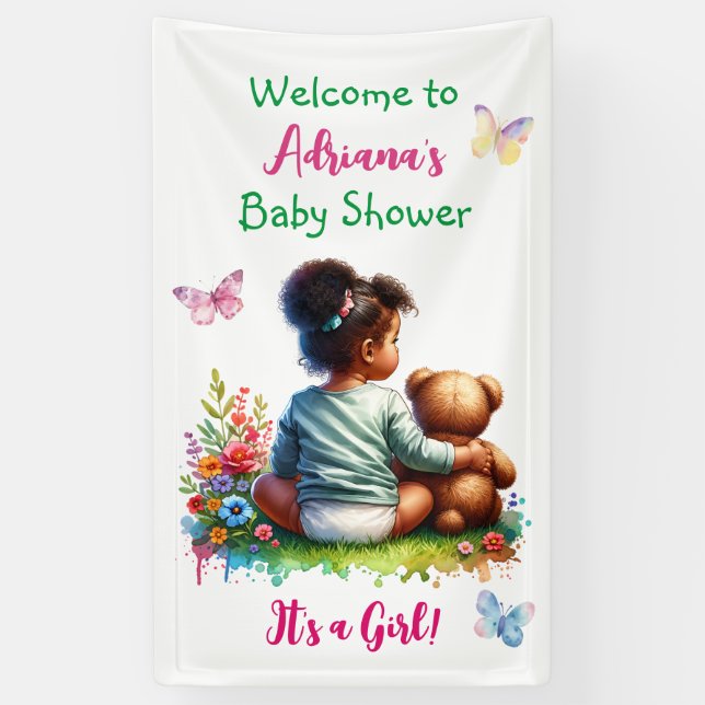 Baby Girl und ihr Teddy Bear | Mädchendusche Banner (Vertikal)