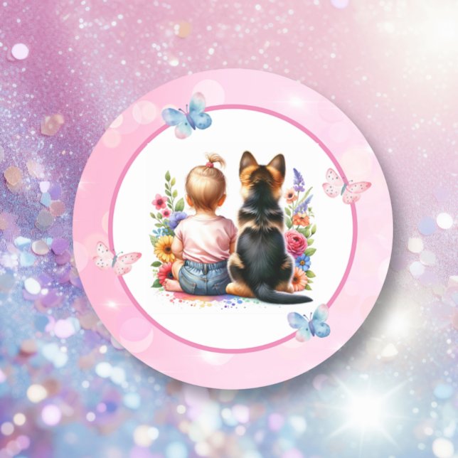Baby Girl und ihr Welpe | Babyparty Runder Aufkleber (Von Creator hochgeladen)