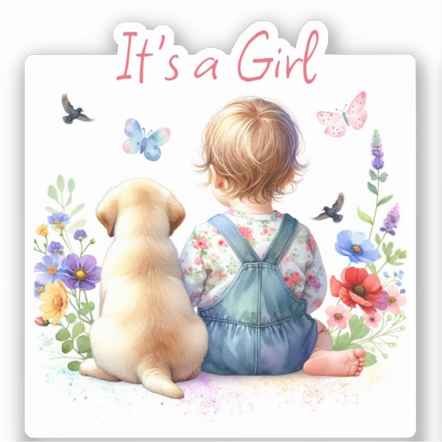 Baby Girl und ihr Welpe | Es ist eine Mädchenwasse Aufkleber (Vorderseite)