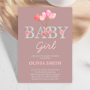 Baby Girl Watercolor Blume & Balloons Pink Einladung