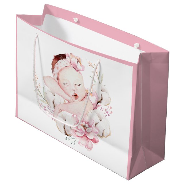 Baby Girl Watercolor Große Geschenktüte (Vorderseite Schrägansicht)