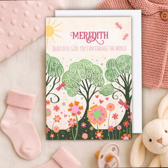 Baby Girl Whimsical Tree Individuelle Name Pink Karte (Von Creator hochgeladen)