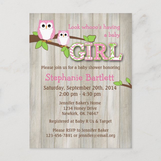 Baby Girl White Owl Douche Carte postale (Devant)