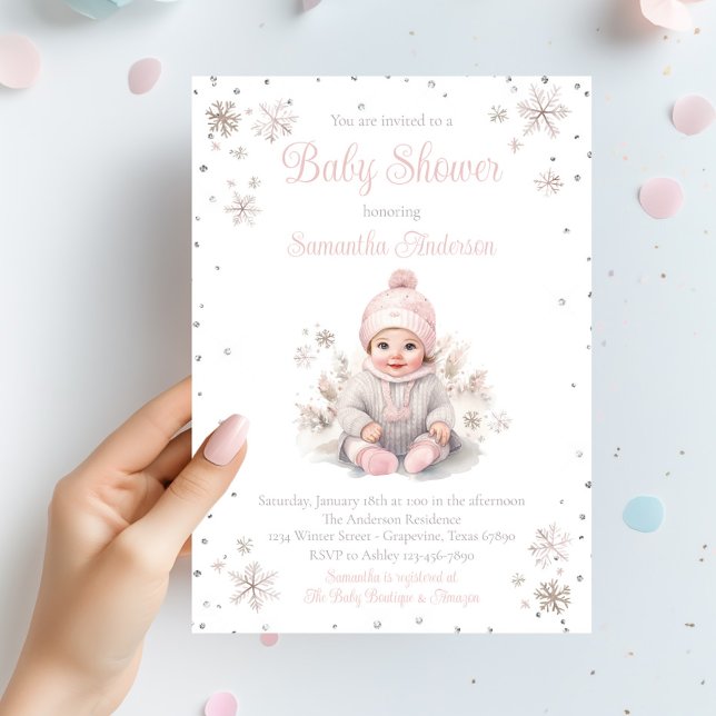 Baby Girl Winter Snowflake Babydusche Einladung (Baby girl snowflake winter baby shower invitation. Simply add your event details.)