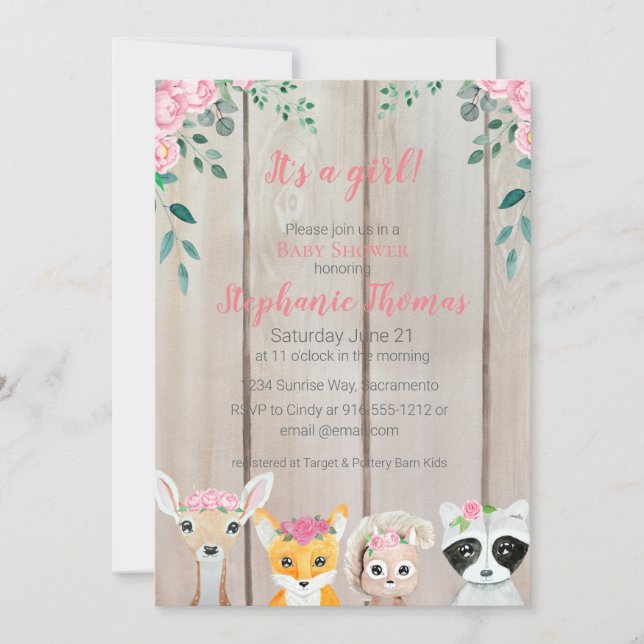 Baby Girl Woodland Animals Dusche Einladung (Vorderseite)