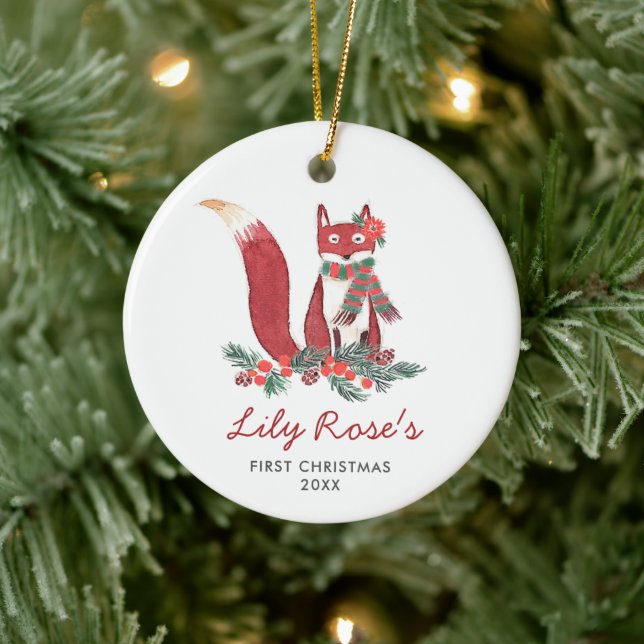 Baby Girl Woodland Fox Personalized 1st Christmas Keramik Ornament (Baum)