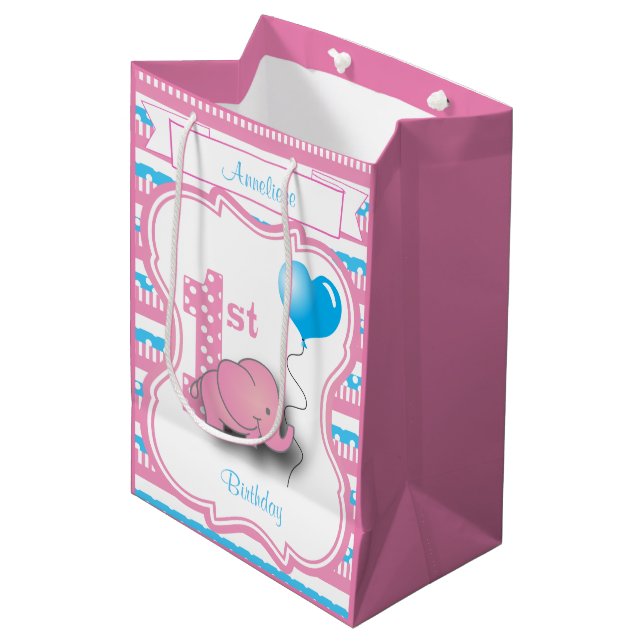 Baby Girl's 1. Geburtstag Party Mittlere Geschenktüte (Vorderseite Schrägansicht)