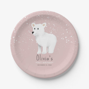 Baby Girls 1. Geburtstag Pink Winter Polar Bär Pappteller