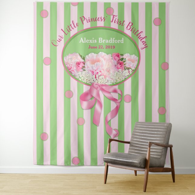 Baby Girl's 1st Birthday, Tapestry, Pink/Blume Wandteppich (Beispiel)