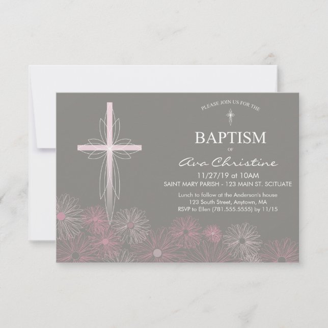 Baby Girl's Baptism Einladung mit Cross, Daisies (Vorderseite)