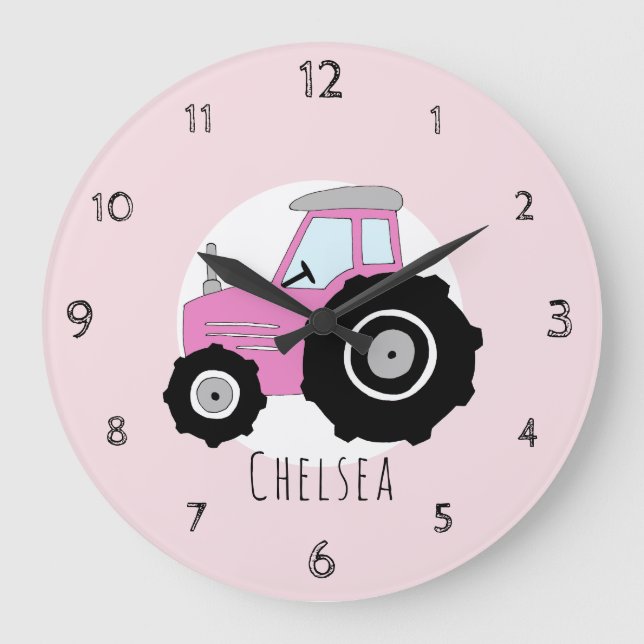 Baby Girl's Doodle Pink Farm Tractor Car Nursery Große Wanduhr (Vorderseite)