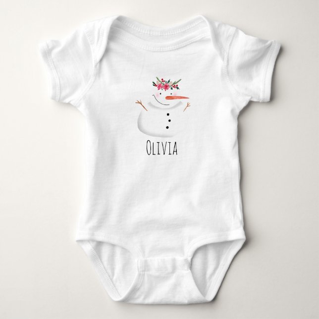 Baby Girls First Christmas Blume Snowman und Name Strampler (Vorderseite)