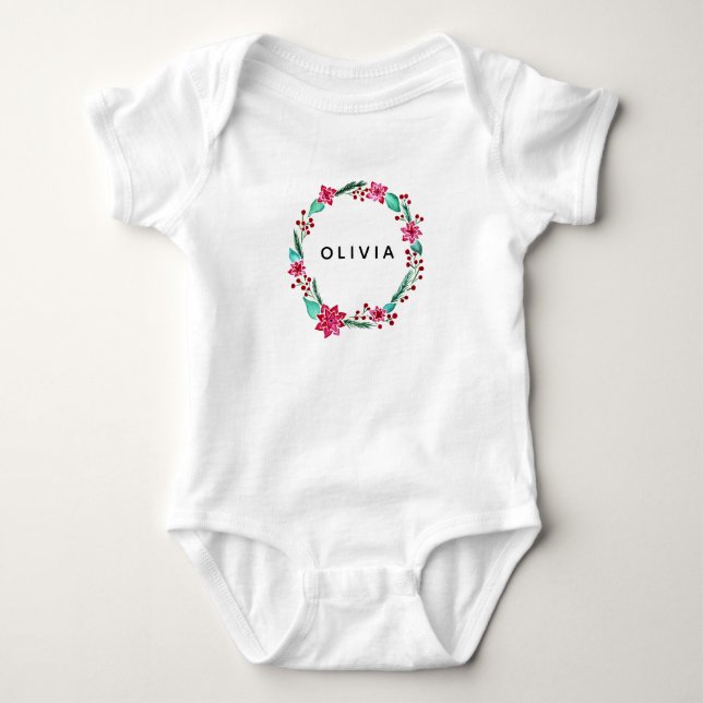 Baby Girls First Christmas Blume Wreath and Name Strampler (Vorderseite)