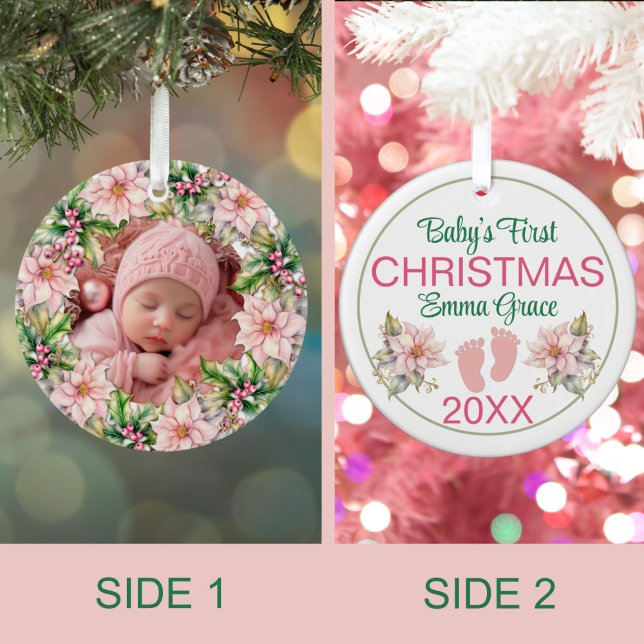Baby Girl's First Christmas Foto Pink Poinsettias Keramik Ornament (Von Creator hochgeladen)