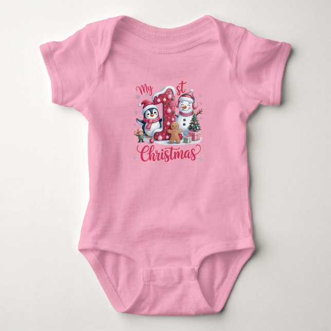 Baby Girl's First Christmas Pink Baby Strampler (Vorderseite)