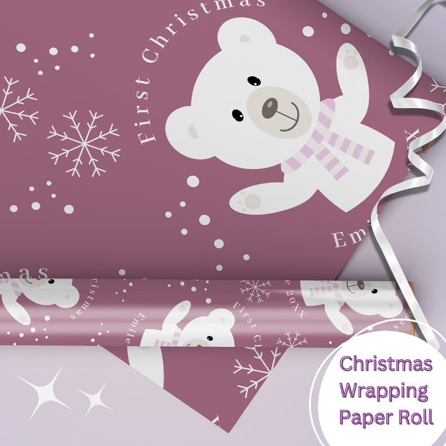 Baby Girls First Christmas Polar Bear Pink Geschenkpapier (Von Creator hochgeladen)