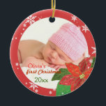 Baby Girl's First Christmas Red Foto Ornaments Keramikornament<br><div class="desc">Elegante Winterpoinsettia Blume & Schneeflocken, die auf kundenspezifischen Foto Keepake Ornaments entworfen wurden. Feiern Sie die schönste Zeit des Jahres, indem Sie Ihre Zuhause mit diesem süßen und hübschen Baby-Ornament dekorieren, das Ihr wertvolles neues Babybild zeigt! Es ist einfach, das Ornament mit Ihrem eigenen Foto und Text zu personalisieren. Der...</div>