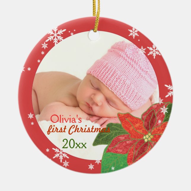 Baby Girl's First Christmas Red Foto Ornaments Keramikornament (Vorne)