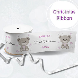 Baby Girls First Christmas Teddy Bear Pink Satinband
