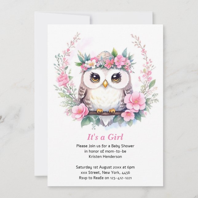 Baby Girl's Owl Blumendusche Einladung (Vorderseite)