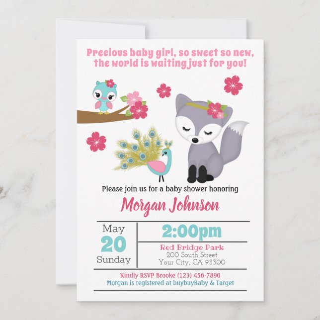 Baby Girls Renard rose Baby shower Invitation (Devant)