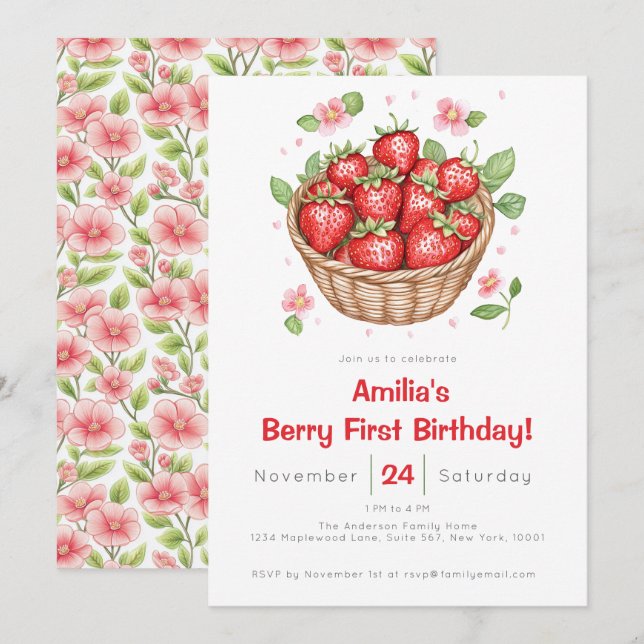 Baby Girls Strawberry Berry First Birthday  Einladung (Vorne/Hinten)