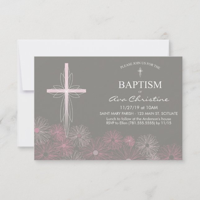 Baby Girl's Taufe Einladung mit Cross, Daisies (Vorderseite)