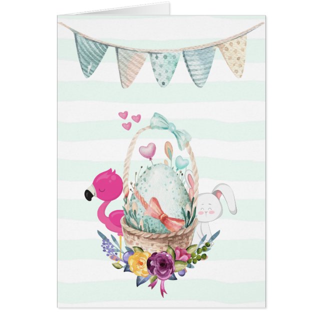 Baby Glückwünsche mit Nesting Egg Flamingo & Bunny (Vorne)