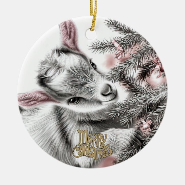 Baby Goat Christmas 5 and YOUR PHOTO Keramik Ornament (Vorne)