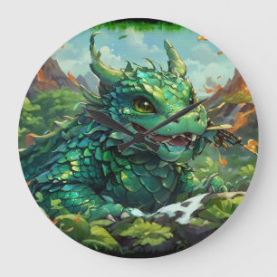 Baby Green Hawaiian Fire Dragon & Volcanoys Große Wanduhr