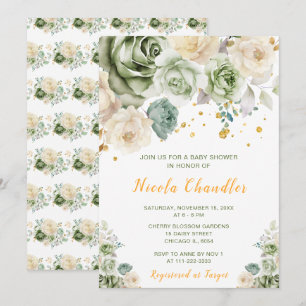 Baby Green und Cream Floral Baby Dusche Einladung