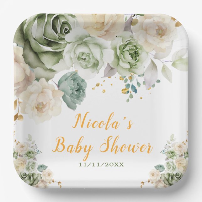 Baby Green und Cream Floral Baby Dusche Pappteller (Vorderseite)
