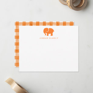 Baby Grußkarte, Orange Elefant Gingham Flachkarte Mitteilungskarte