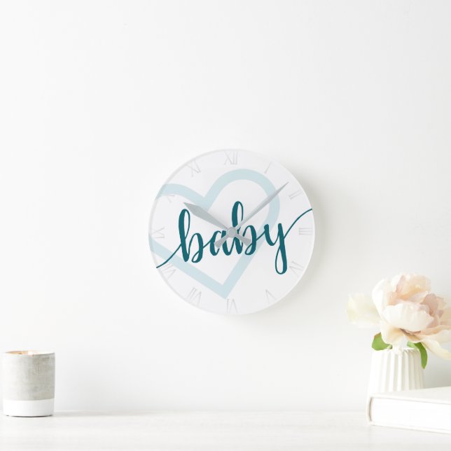 Baby Heart | Aquamarin Dark Midnight Green Geblüht Runde Wanduhr (Zuhause)