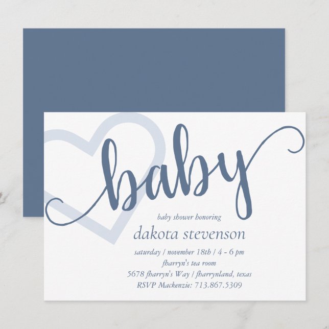 Baby Heart | Dusty Slate Blue Blühe Script Einladung (Vorne/Hinten)
