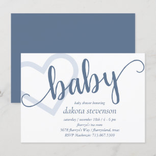 Baby Heart   Dusty Slate Blue Blühe Script Einladung