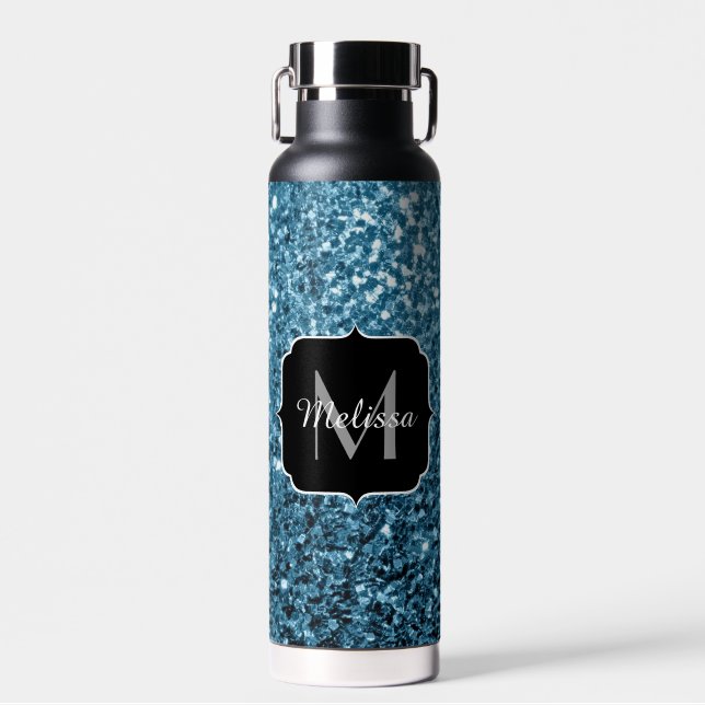 Baby hellblaues falsches Glitter Funkeln Monogramm Trinkflasche (Vorne)