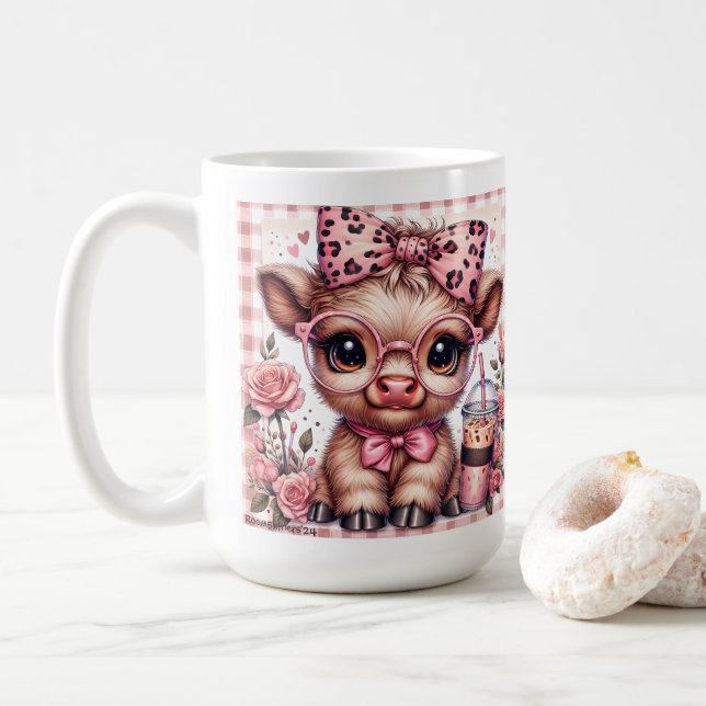 Baby Highland Cow Coquette Leopard Bow Iced Coffee Kaffeetasse (Mit Donut)