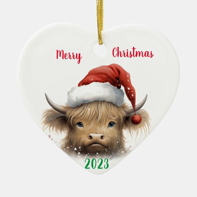 Baby Highland Cow mit Weihnachtsmannmütze Keramik Ornament (Vorne)