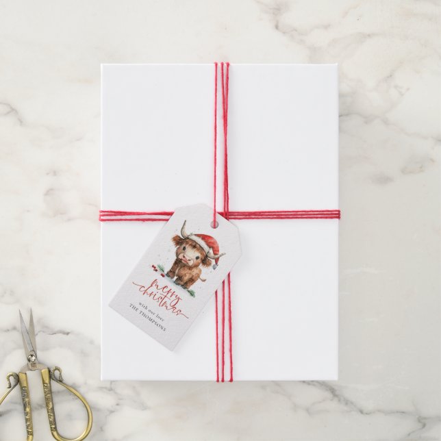 Baby Highland Cow Santa Script Frohe Weihnachten Geschenkanhänger (Mit Garn)