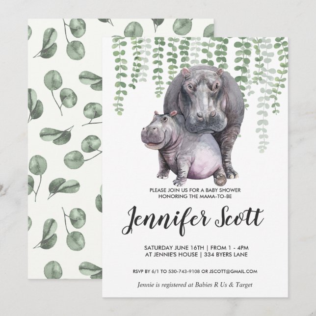 Baby Hippo Jungle Baby shower Invitation (Devant / Derrière)