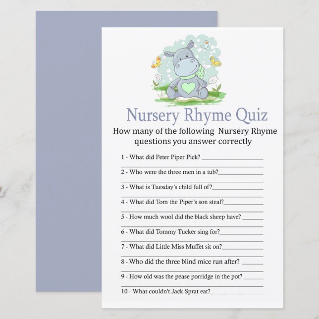 Baby Hippo Kinderzimmer Rhyme Quiz Babyduschenspie (Vorne/Hinten)