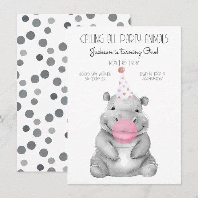 Baby hippo schwarz-weiß Geburtstag Einladung (Vorne/Hinten)